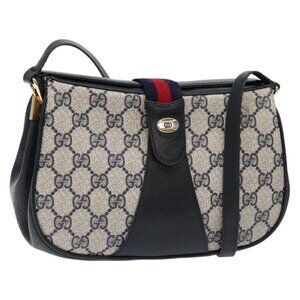 GUCCI GG Supreme Sherry Line Bag PVC Navy Gold Red